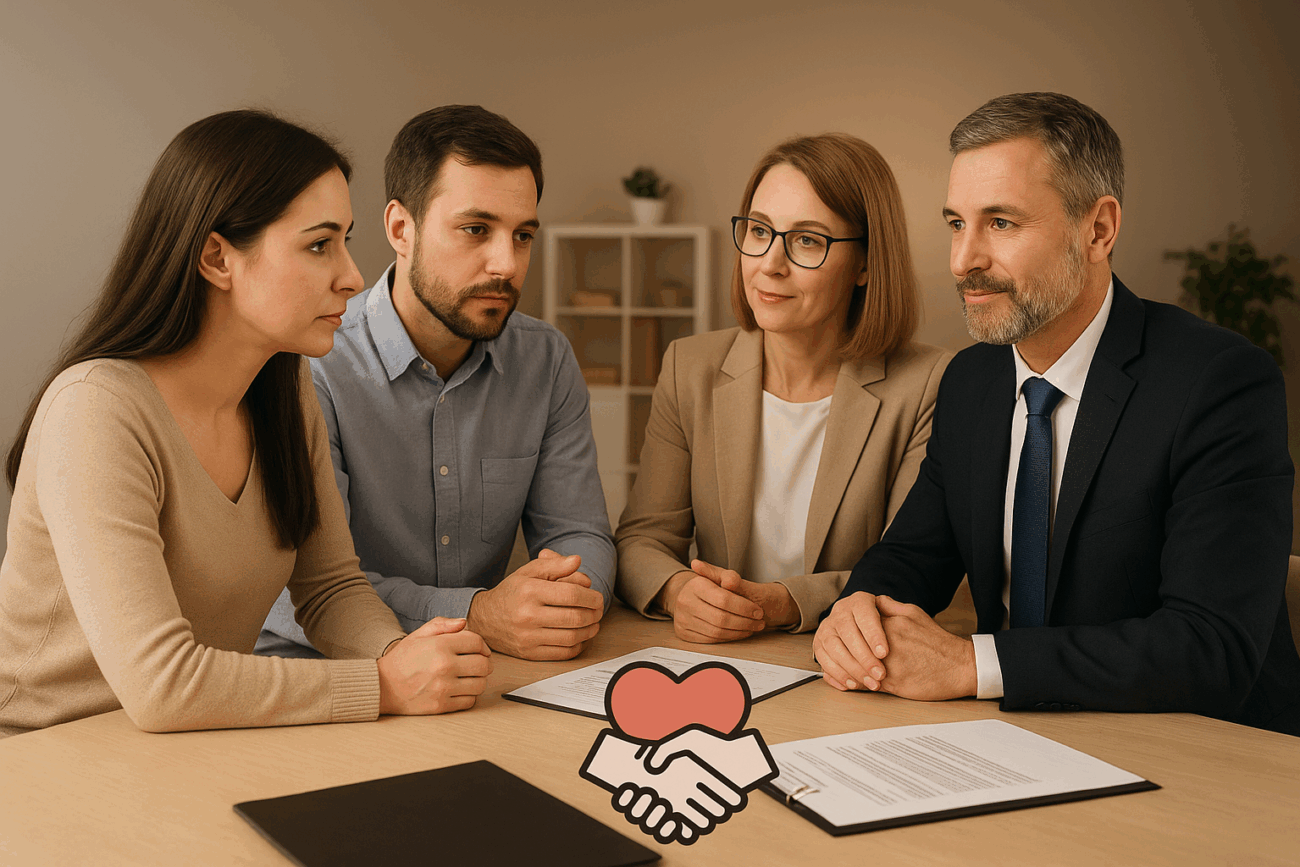 Couple receiving marriage and legal counseling from professionals in a calm, modern office — symbolizing relationship support and reconciliation.